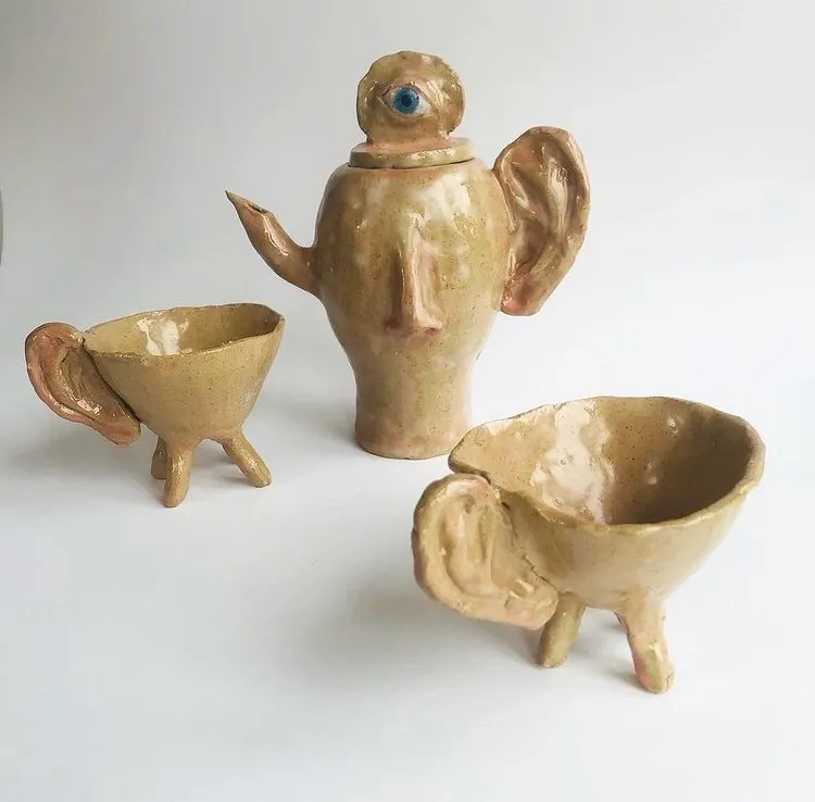 Handmade Clay Surreal Teapot with Two Cups